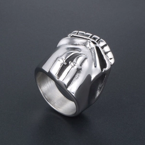 Gothic skull and embossed double sword titanium steel ring for men in silver finish