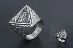 Detailed macro view of punk stainless steel ring with Evil Eye and side cross carving