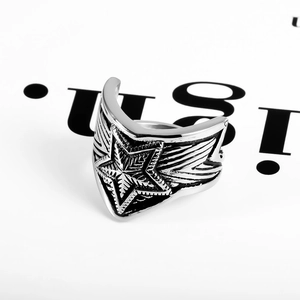 Vintage Titanium Steel Pentagram Ring For Men Women Punk Rock Star Wide Band Oxidized Antique Silver Finish Index Finger Jewelry