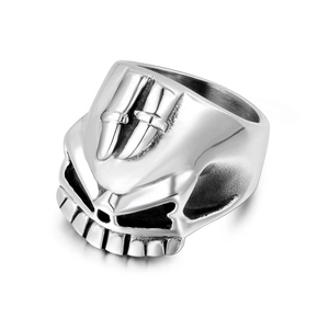 Punk silver skull ring for men with dual sword embossed relief in stainless steel