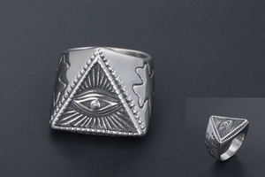 Macro detail of punk stainless steel ring featuring All-Seeing Eye and sunburst texture