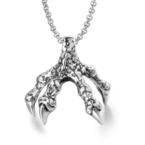Gothic punk dragon claw pendant necklace in polished silver stainless steel metal