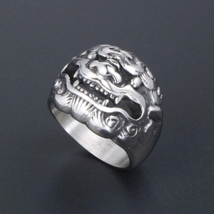 Vintage Kirin beast stainless steel ring for men with detailed 3D embossed relief carving
