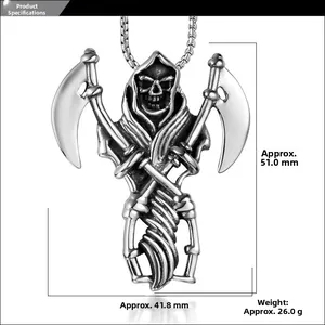 Detailed size parameters of the grim reaper skull pendant with double scythes and chain