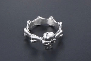 Detailed side view of punk gothic skull ring with crossbone band in polished steel