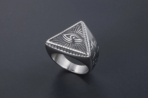 Detailed relief of punk evil eye totem on vintage stainless steel ring for men