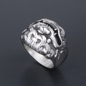 Vintage Kirin beast stainless steel wide band ring with intricate 3D embossed relief
