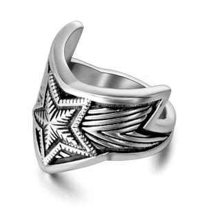 Vintage titanium steel wide star ring with engraved punk style details for men and women