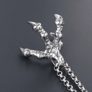 Punk style dragon claw pendant in silver stainless steel with rugged metal chain necklace