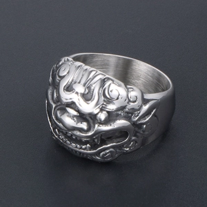 Retro stainless steel men's ring with mythical Kirin beast relief and vintage finish