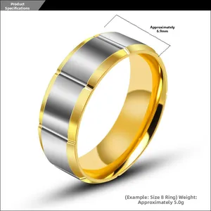 Détail d'une bague bicolore en acier titane de 6,9 mm avec texture rainurée