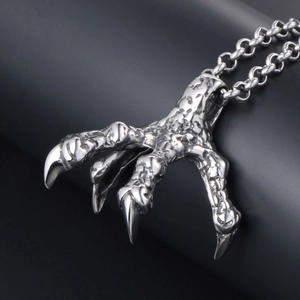 Gothic punk eagle claw pendant necklace in distressed silver steel with cross chain