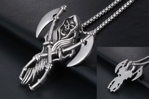Detailed view of gothic grim reaper pendant in polished steel with dual scythes and bead chain