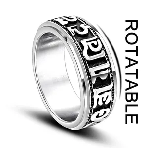 Men Stainless Steel Rotatable Six Character Mantra Spinner Ring Vintage Ethnic Buddhist Prayer Religious Band Stress Relief Jewelry