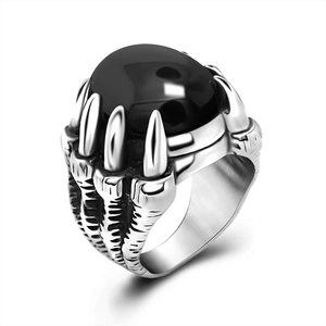 Bague gothique griffe de dragon pour homme en acier avec une pierre noire ovale