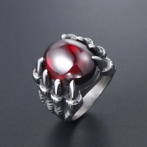 Bague gothique pour homme en forme de griffe de dragon avec pierre ovale rouge