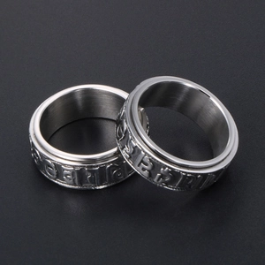 Rotating stainless steel spinning ring with embossed silver religious mantra symbols