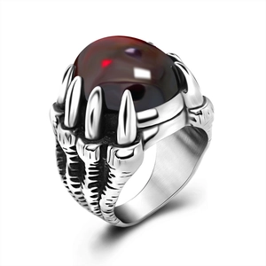 Bague vintage griffes de dragon pour homme en acier avec pierre ronde rouge foncé