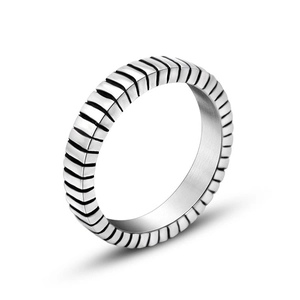 Titanium steel ring with industrial grid pattern texture and polished silver finish