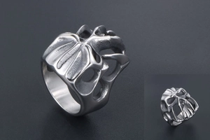 Macro detail of gothic monster skull ring in vintage silver finish stainless steel