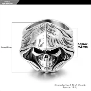 Detailed view of gothic skull ring in silver steel with dimensions 23.5mm height and 9.5mm width
