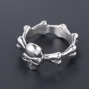 Punk style stainless steel skull ring with bone-link band and silver brushed finish
