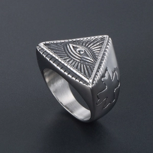 Punk style stainless steel signet ring with All-Seeing Eye and maple leaf details