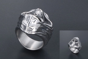 Close-up of gothic stainless steel ring featuring hooded skull in vintage silver finish