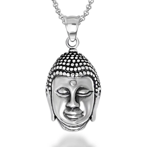 Colgante de cabeza de Buda en acero inoxidable plateado con acabado retro y cadena cruzada