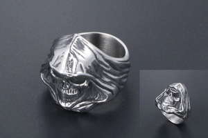 Detailed view of Gothic hooded skull ring made of dark grey brushed stainless steel