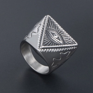 Vintage punk men's titanium steel ring featuring an Evil Eye totem and polished silver finish