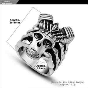 Detail of men's punk skull ring showing 26.8mm length and 18g weight specifications