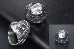 Detailed views of a gothic stainless steel grim reaper skull ring with hood design