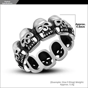 Detailed macro view of retro skull ring band showing 9.4mm width and aged silver texture