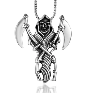 Gothic Grim Reaper Skull Pendant Necklace Stainless Steel Vintage Distressed Dual Scythes Punk Style Jewelry For Men Daily Party Gift