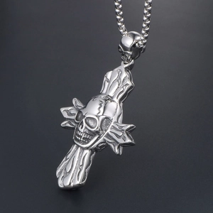 Herren Punk Gothic Totenkopf Kreuz Anhänger Halskette aus poliertem Edelstahl Silber