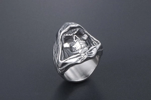 Close-up of gothic grim reaper skull ring featuring detailed hooded design and vintage finish