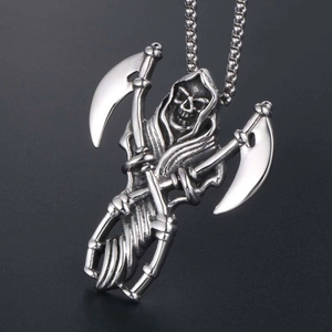 Gothic grim reaper skull pendant necklace in vintage silver steel with cross scythes