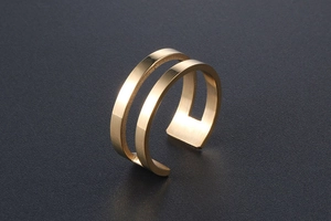 Detail of 18k rose gold plated double band ring with polished and brushed metal finish