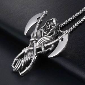 Gothic skull grim reaper pendant necklace in vintage silver steel for men on black leather