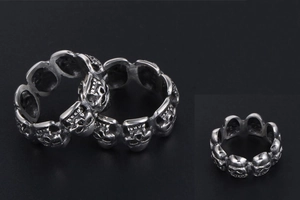 Detail view of retro skull ring band showing multiple small skulls in vintage silver finish