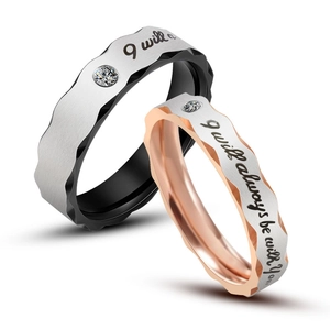 Vintage Titanium Steel Letter Ring Wave Edge Couple Ring Rhinestone Polished Wedding Finger Jewelry For Men Women