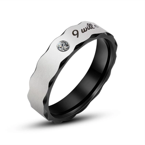 Minimalist brushed titanium steel ring with wave edges, black lining and inlaid gemstone