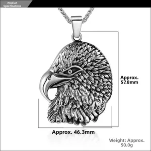 Detailed view of titanium eagle head pendant with measurements: 57.8mm height and 46.3mm width