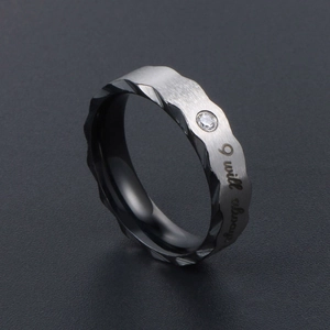 Brushed titanium steel ring with wavy edges and I will always letter engraving