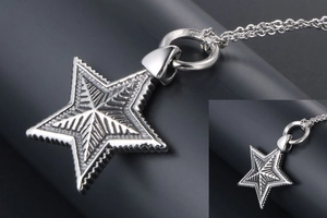 Macro view of gothic pentagram pendant in vintage titanium steel with radial textures
