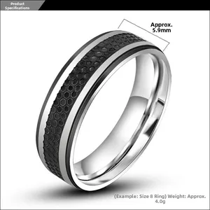 Detail view of 5.9mm wide titanium ring with industrial black honeycomb pattern inlay