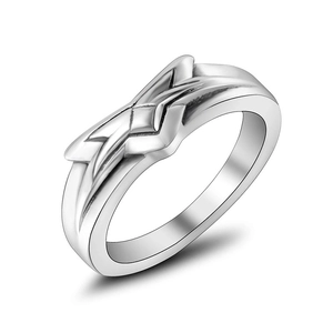 Polished silver stainless steel ring with a geometric braided design shown from 45-degree angle
