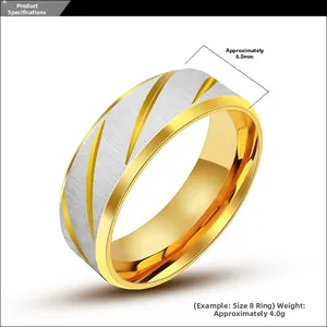 Detail view of 6mm two-tone stainless steel ring showing brushed finish and gold grooves