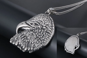 Detailed macro view of vintage eagle head pendant in polished stainless steel with chain